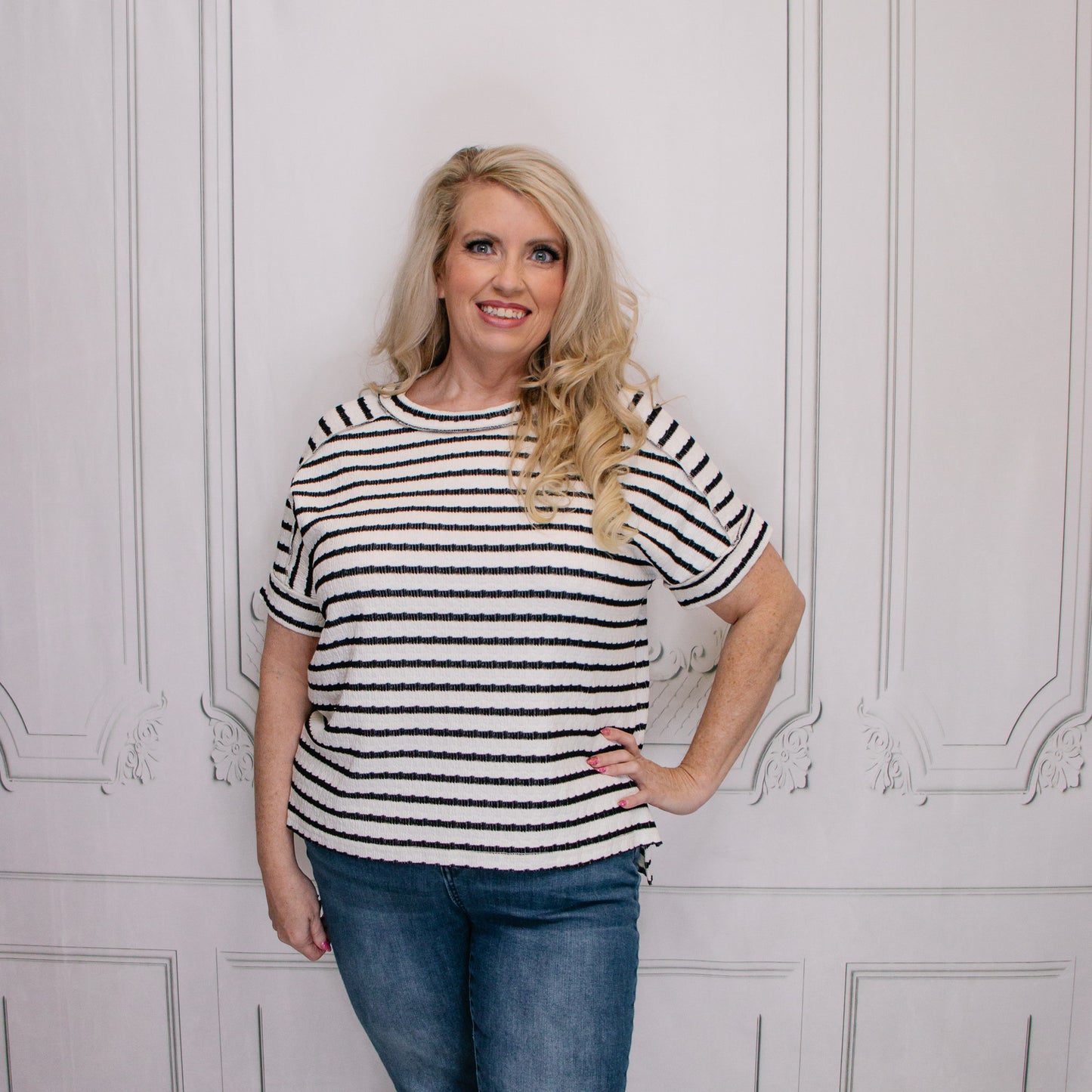 Black Stripe Jacquard Round-Neck Top