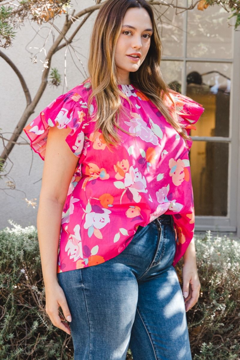 Pink Floral Ruffle Sleeve Top