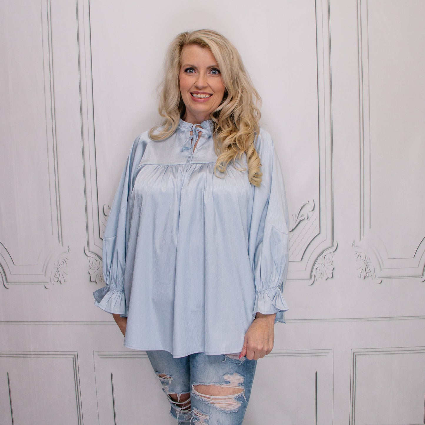 Light Blue Satin V-Neck Blouse