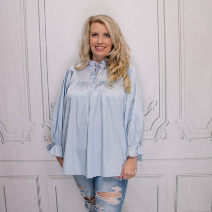 Light Blue Satin V-Neck Blouse