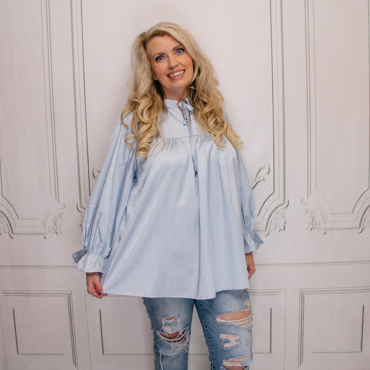 Light Blue Satin V-Neck Blouse