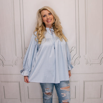 Light Blue Satin V-Neck Blouse