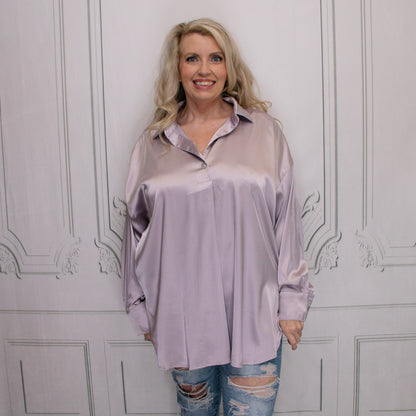 Lavender Satin Collared V-Neck Top