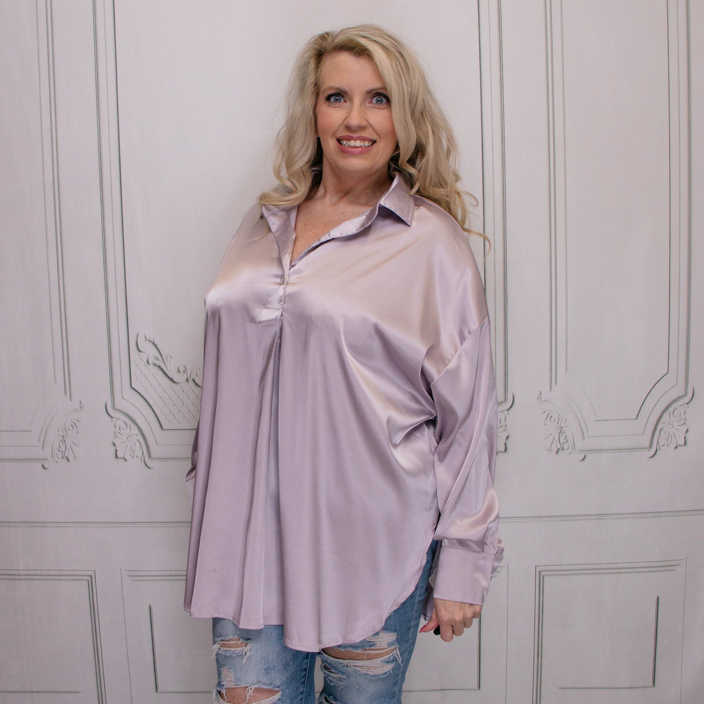 Lavender Satin Collared V-Neck Top
