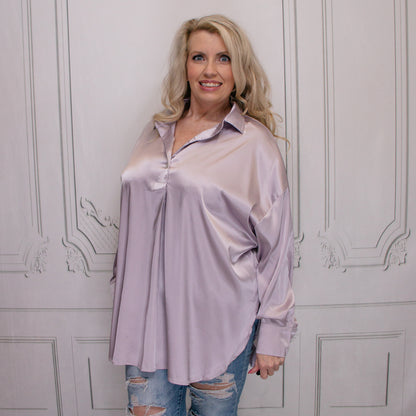 Lavender Satin Collared V-Neck Top