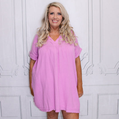 PURPLE DOUBLE GAUZE RAW EDGE V-NECK DRESS
