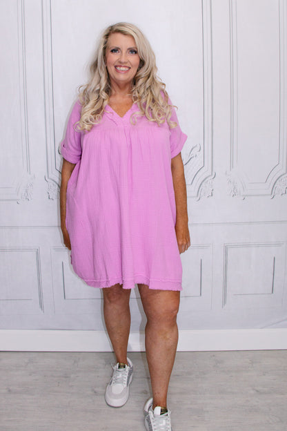 PURPLE DOUBLE GAUZE RAW EDGE V-NECK DRESS