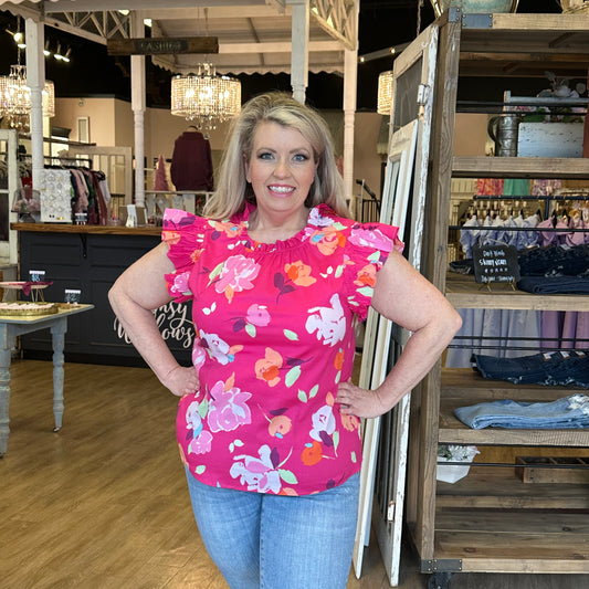 Pink Floral Ruffle Sleeve Top
