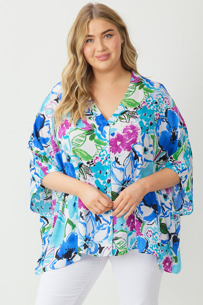 Blue Floral Poncho Top